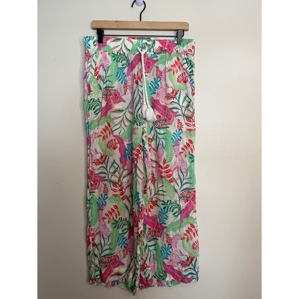 Cynthia Rowley Women Tropical Floral Linen Wide Leg Pants Pink Green Large